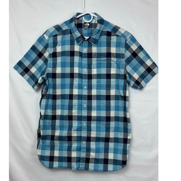 North Face Men's Size XL Blue/White Checked Short Sleeve Button Up Summer Shirt - Picture 1 of 7